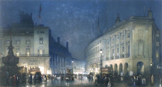 'The Quadrant, Regent Street, from Piccadilly Circus' by William T. Wood 1914 (@MuseumofLondon).