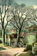 'Happy Scenes of Cheer Again' by James McIntosh Patrick for the cover of the Green Line Coach Guide, 1938.