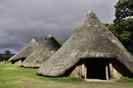 Celtic Roundhouses made of wattle and daub recreated at Castell Henllys Iron Age Fort in Pembrokeshire