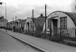 Temporary houses built in East London during WWII to house people displaced by bombing.