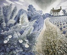 Farm House and Field, Eric Ravilious, 1941. It depicts Ironbridge Farm, Shalford, #Essex