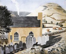 Duke of Hereford’s Knob by Eric Ravilious 1938 (Private Collection). Hill also known as Y Twmpa. Capel-y-ffin, Powys. Baptist chapel.