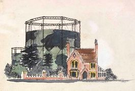 'Scene of rural Gloucestershire during wartime' by architect and illustrator Sir Hugh Casson showing camouflaged gasometer in the background.