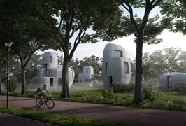The 3D printed houses of Project Milestone, Eindhoven, the Netherlands. Being developed by Eindhoven University of Technology and designed by local architects Houben & Van Mierlo Architecten.
