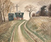 Caravans, Eric Ravilious, 1934. It depicts a scene near Peggy Angus’ cottage at Furlongs, near Firle in East #Sussex.